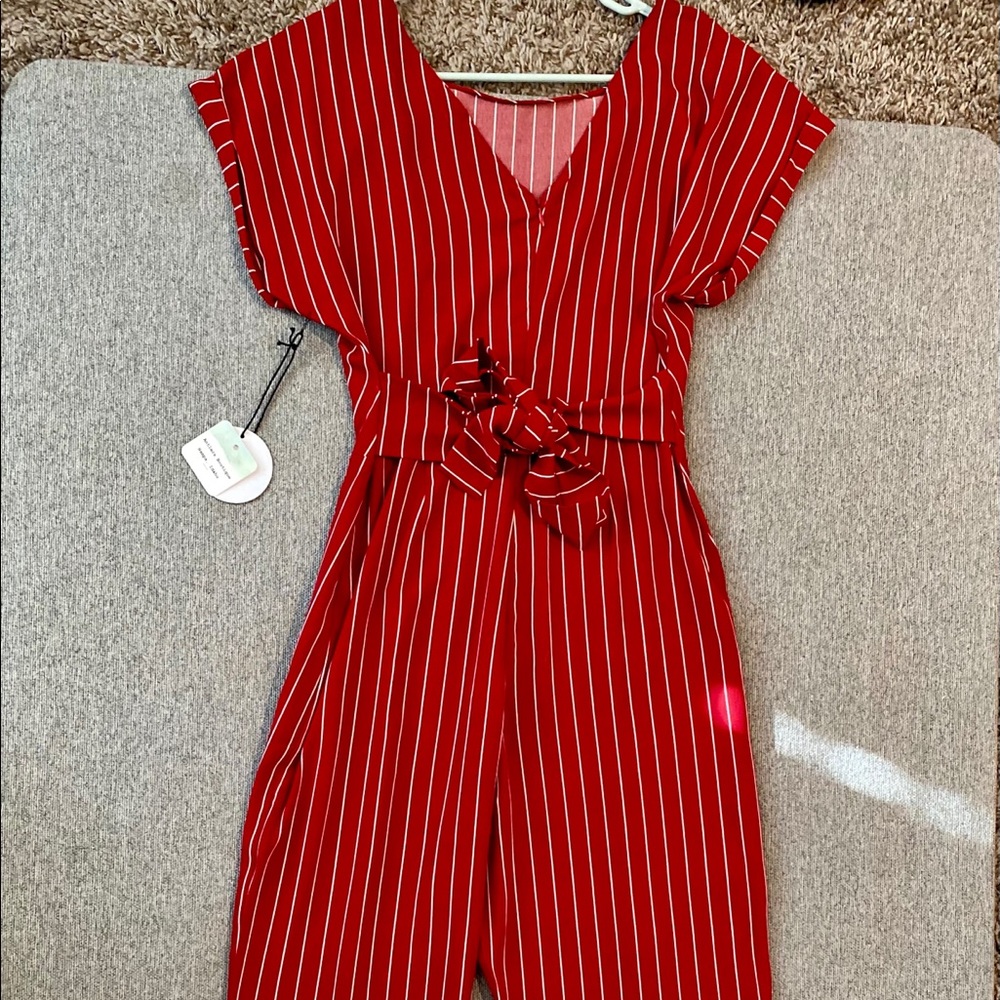 Milk & Honey Red Pinstripe Jumpsuit